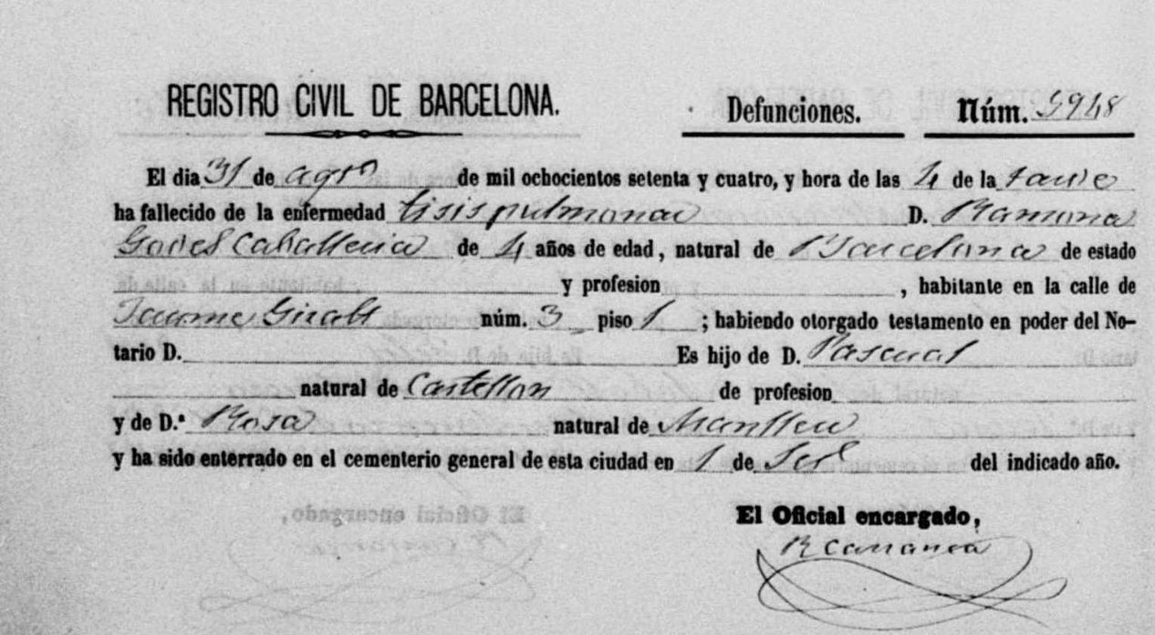 Partida de defunció de Ramona Godes Caballeria, 1874