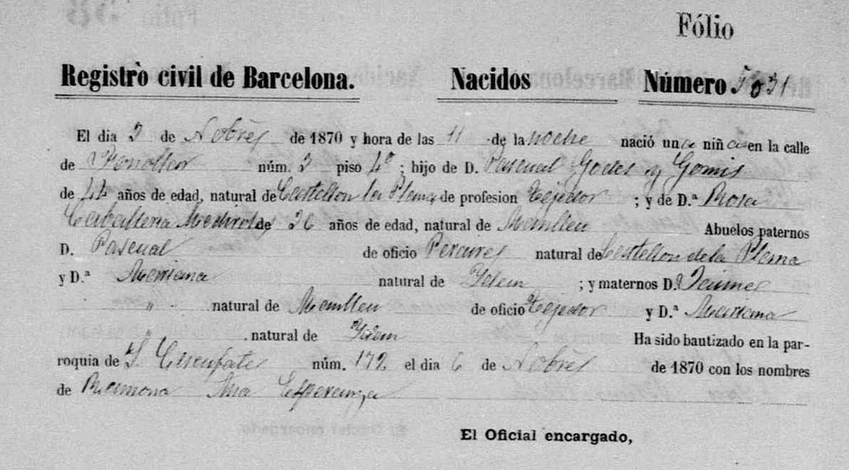 Partida de naixement de Ramona Godes Caballeria, 1870