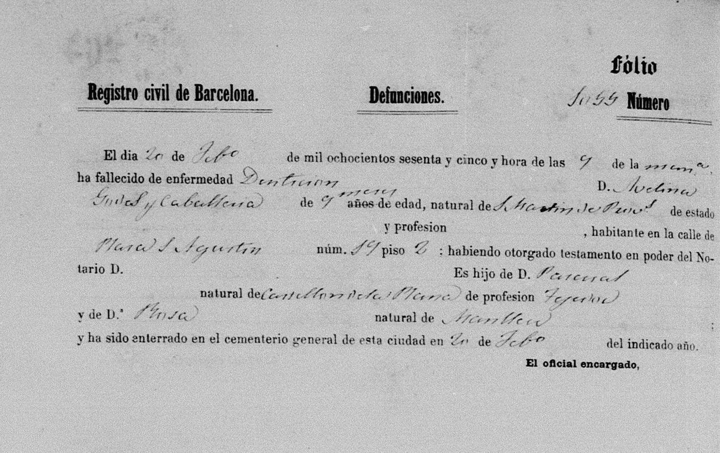 Partida de defunció d'Avelina Godes Caballeria, 1865