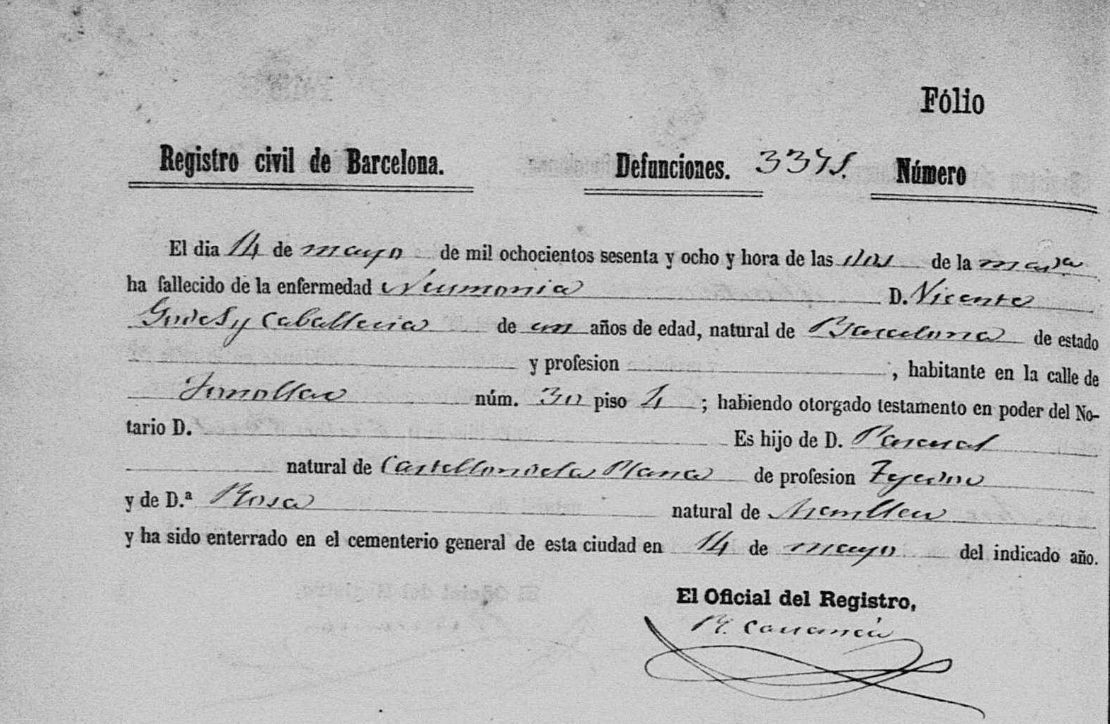 Partida de defunció de Vicente Godes Caballeria, 1868