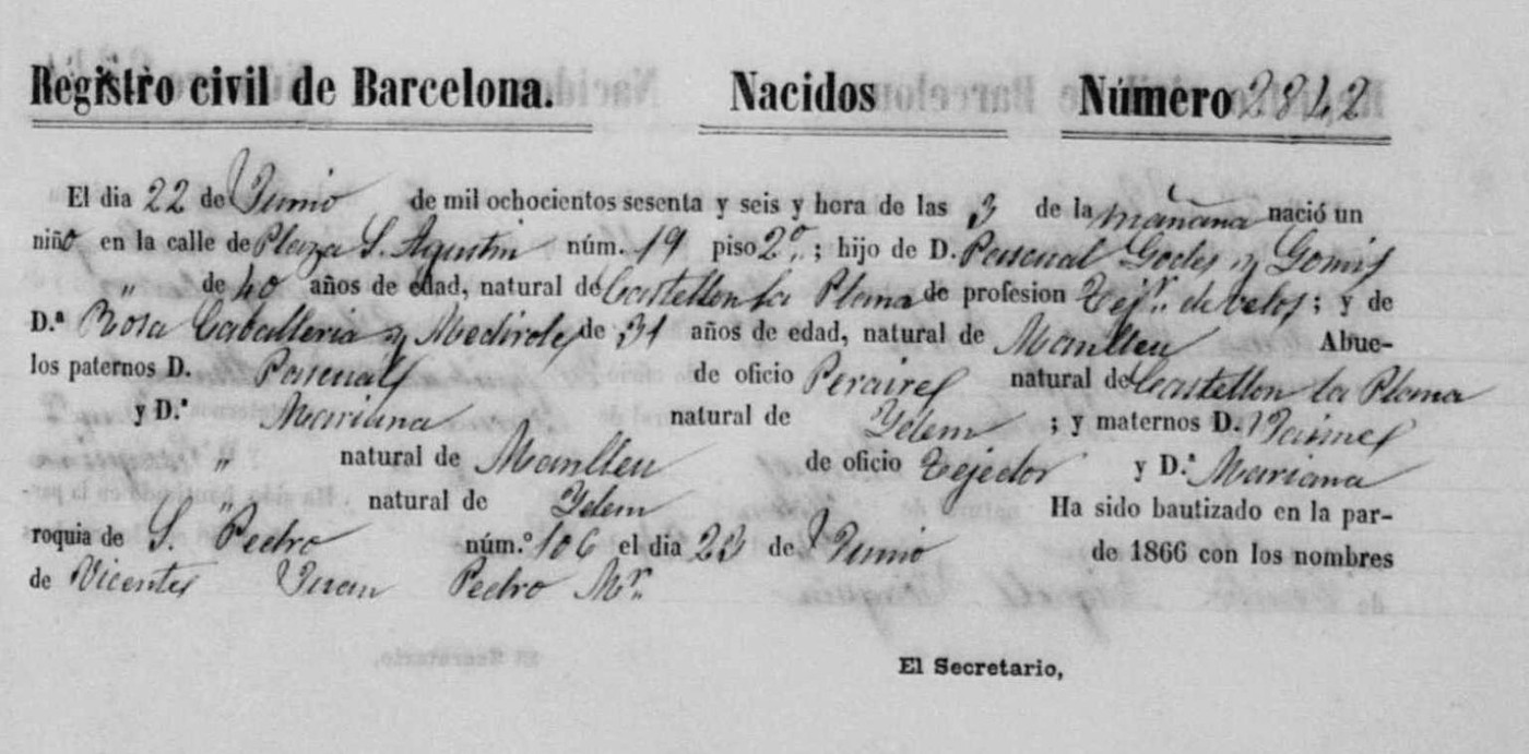 Partida de naixement de Vicente Godes Caballeria, 1866