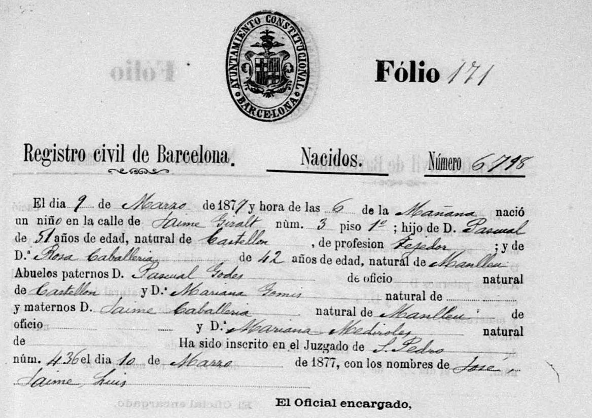 Partida de naixement de Josep Godes Caballeria, 1877